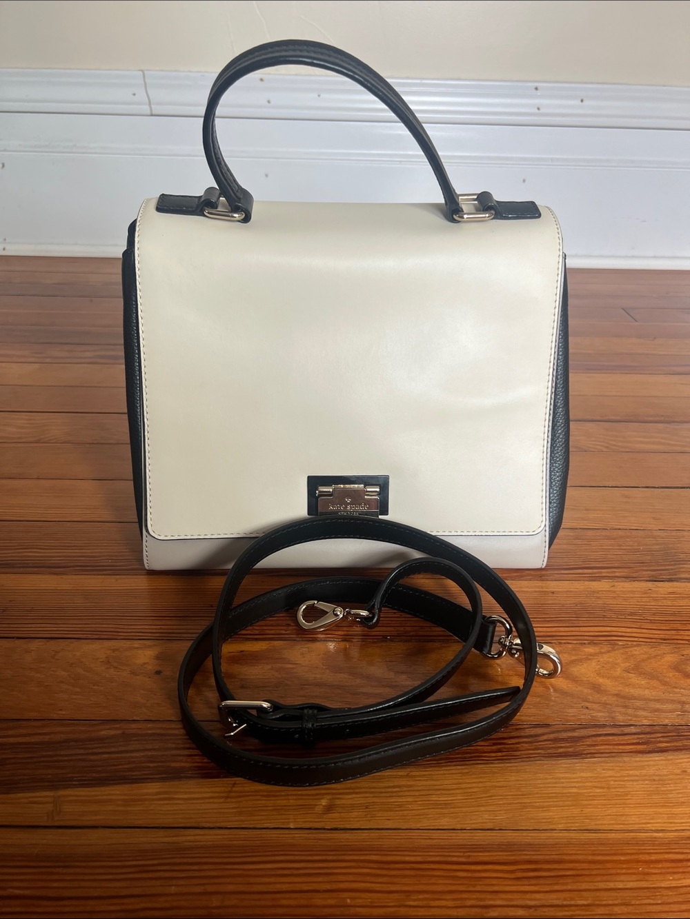 Kate Spade Colorblock Leather Satchel Crossbody Bag Dust Bag - Cream Black Grey - Picture 3 of 9